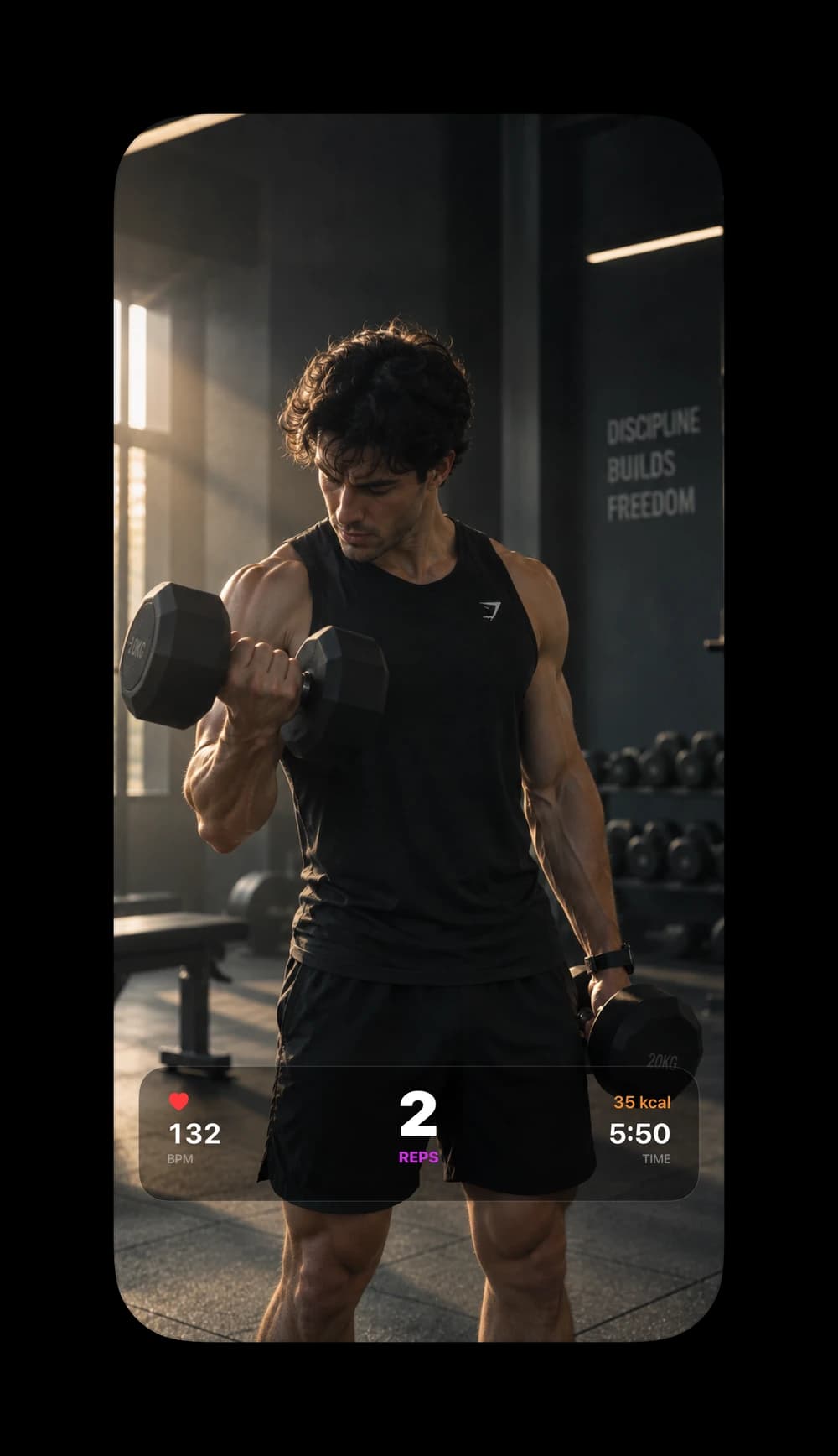 Man doing dumbbell curls with a rep counter overlay showing reps, heart rate, calories and time