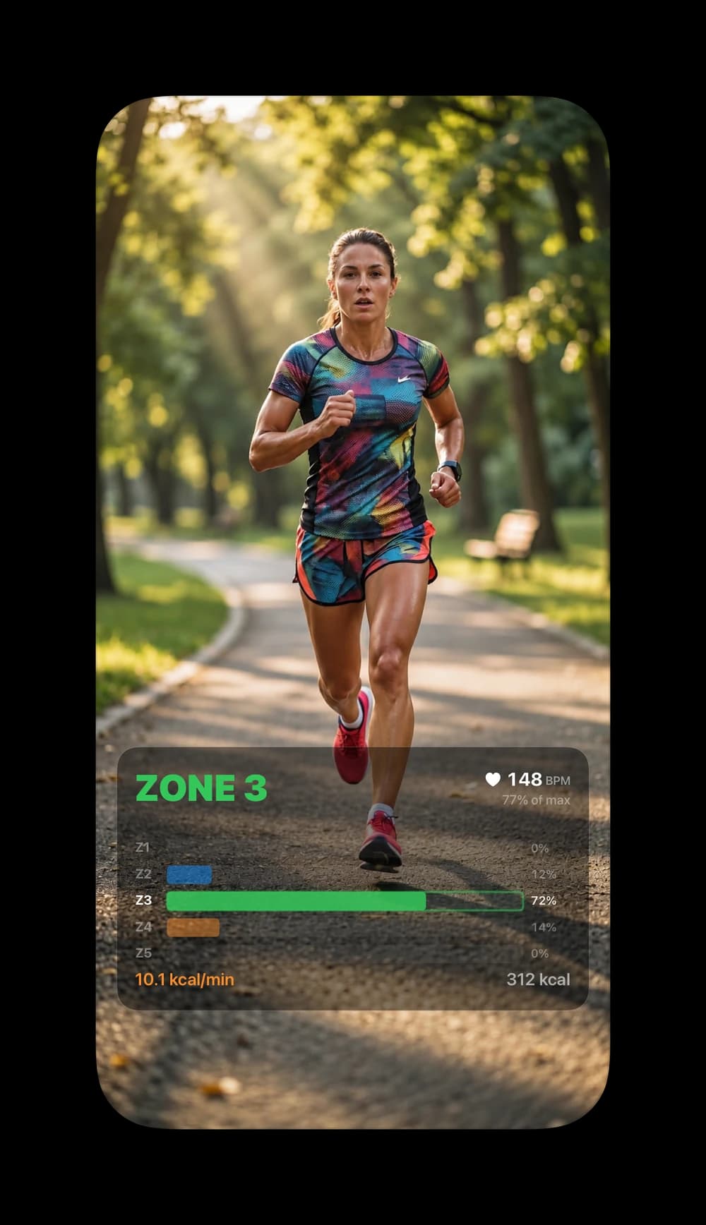 Runner on a park path with the Effort Zone overlay showing zone 3, time in each heart rate zone and calories
