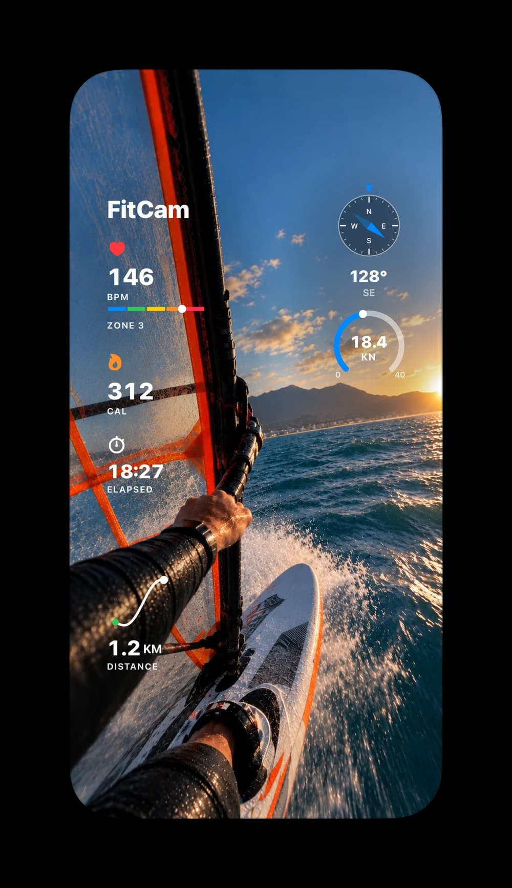 Windsurfing point of view with the Surf Dashboard showing heart rate, calories, compass heading, speed in knots and distance