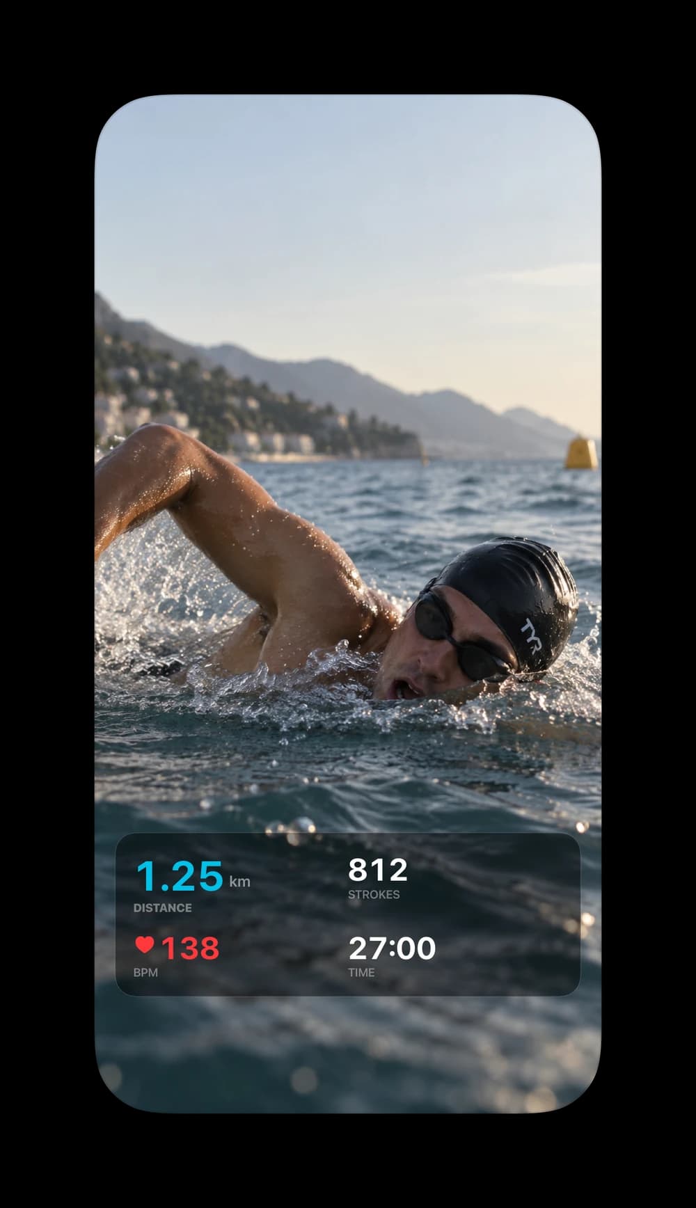 Open-water swimmer with the Pool Dashboard showing distance, strokes, heart rate and time