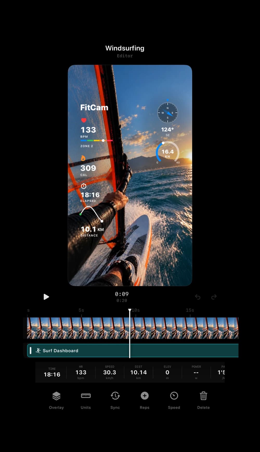 FitCam video editor with a windsurfing clip under the Surf Dashboard overlay, a timeline and synced workout stats